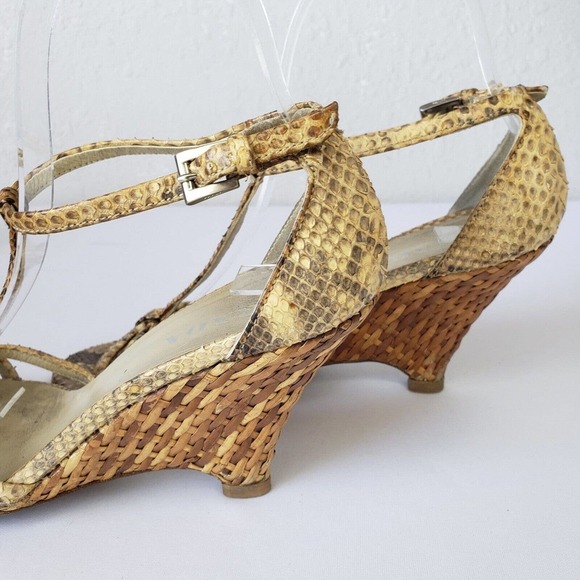 Prada Snake Leather Ankle Strap Woven Raffia Wedge Heel Sandals Size 36.5 Italy - Picture 7 of 16